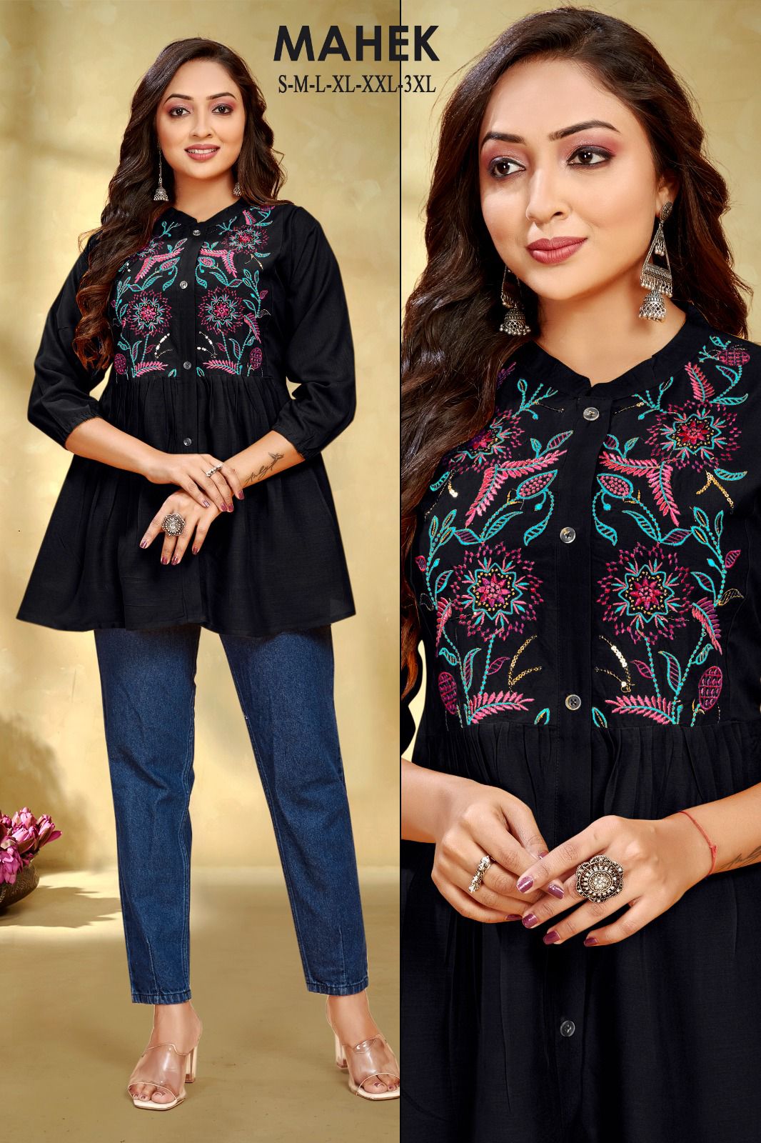 Mahek 01 Designer Rayon Embroidery Ladies Top Wholesale Market In Surat
